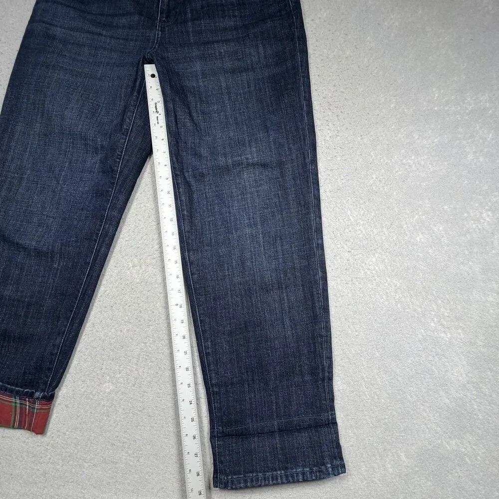 Talbots Everyday Relaxed Jean Size 14 Blue Indigo Plaid Cuff Ankle Flannel Lined